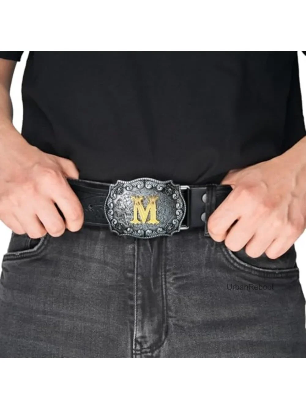 Men's Faux Leather Cowboy Belt with Gold Big Buckle - Western Style